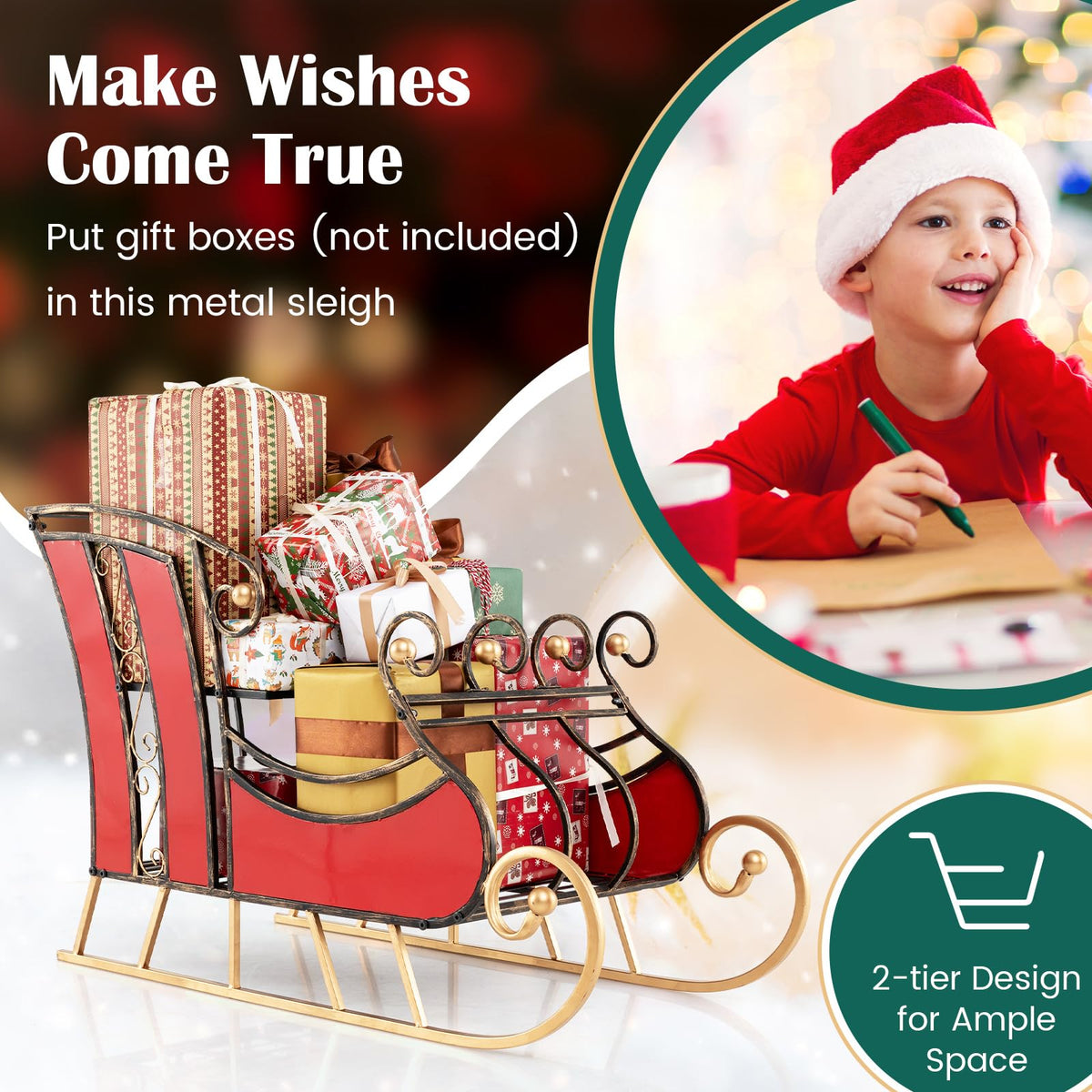 Metal Santa Sleigh Decor – 2-Tier Storage Shelf & Christmas Display Prop