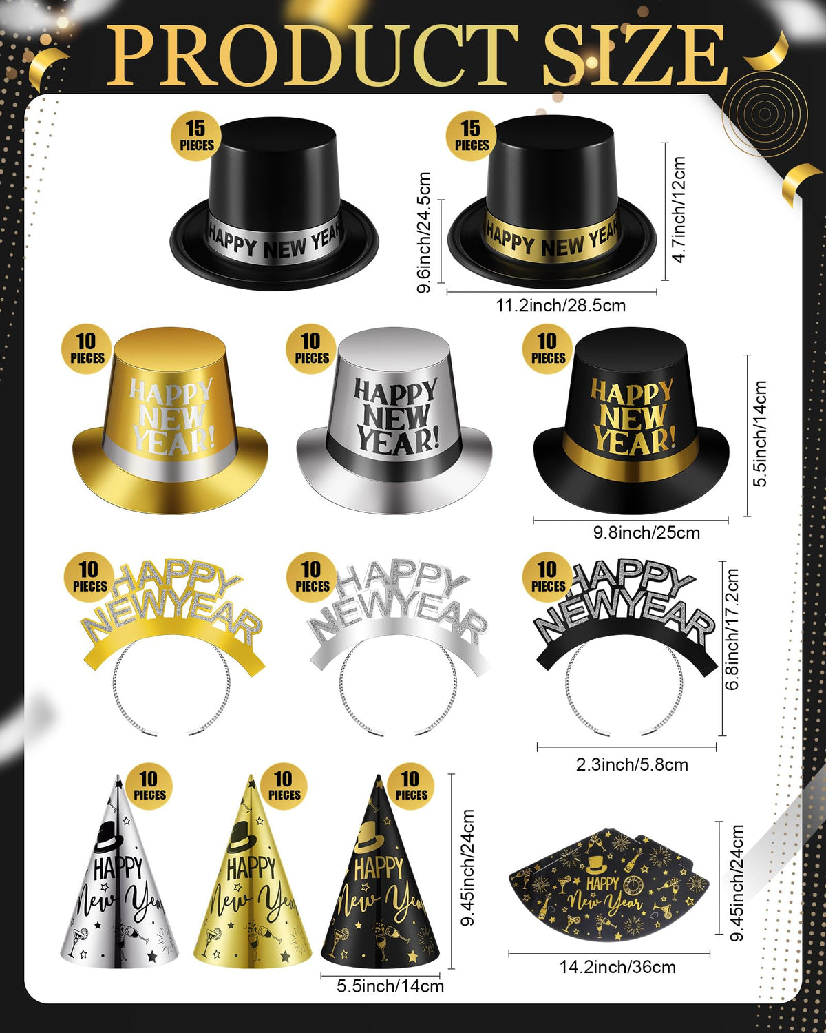 120-Piece New Year's Eve Party Supplies – Black, Gold & Silver Hats and Headbands