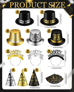 120-Piece New Year's Eve Party Supplies – Black, Gold & Silver Hats and Headbands
