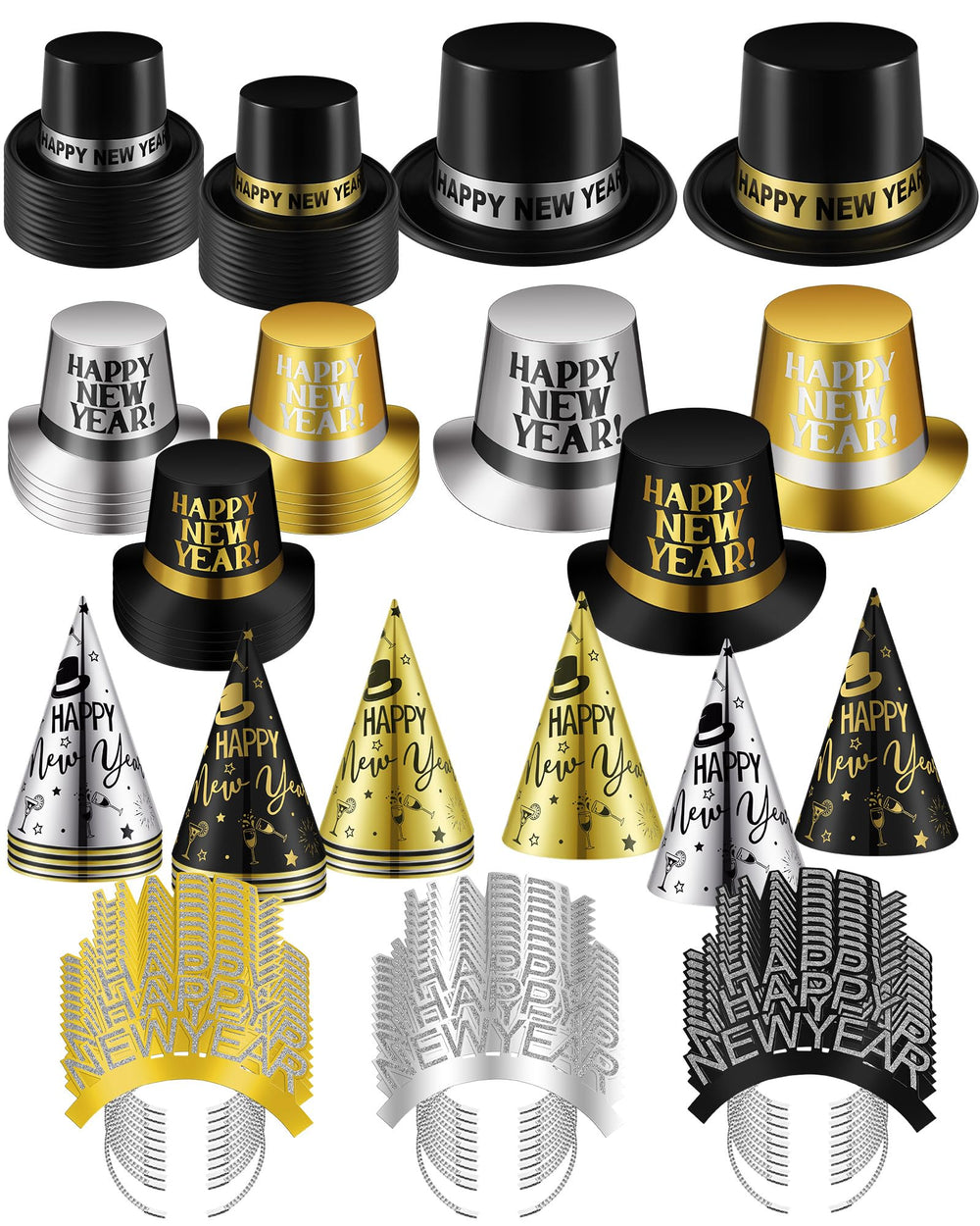 120-Piece New Year's Eve Party Supplies – Black, Gold & Silver Hats and Headbands