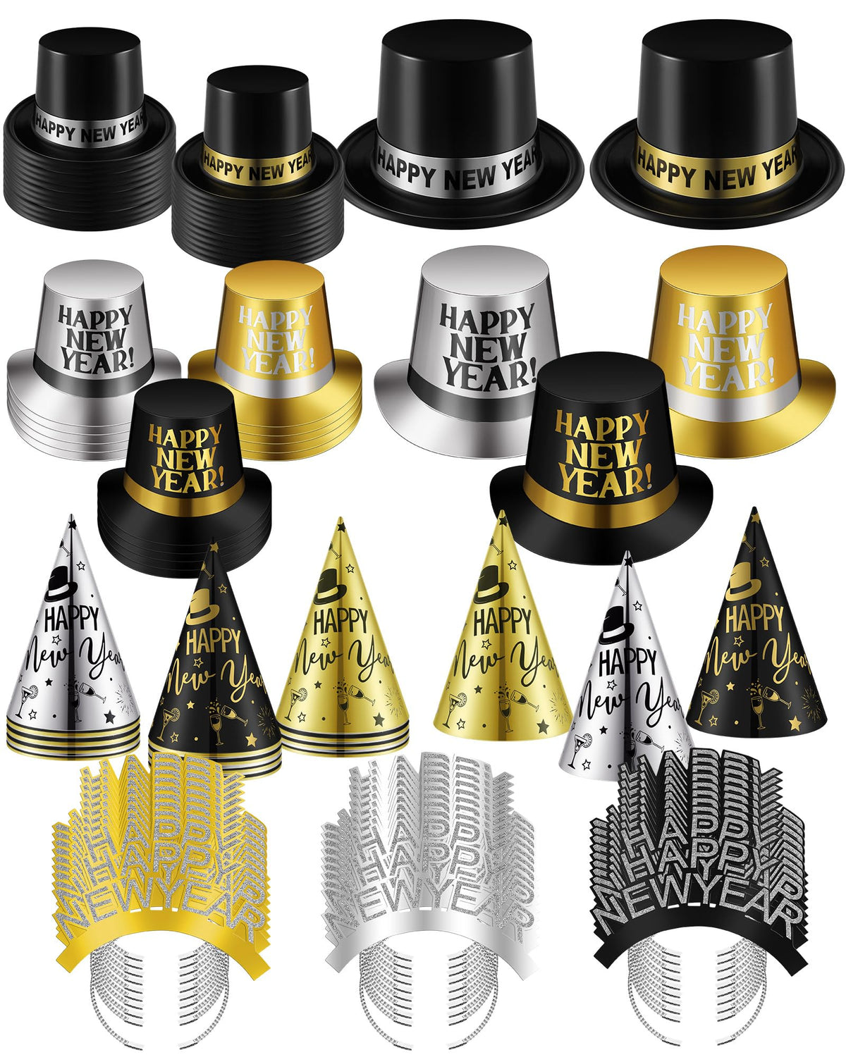 120-Piece New Year's Eve Party Supplies – Black, Gold & Silver Hats and Headbands