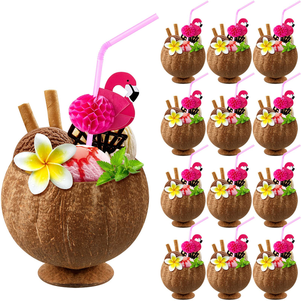 Taiyin Hawaiian Coconut Cups with Flamingo Straws for Luau Party