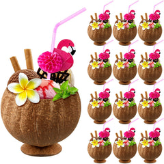 Taiyin Hawaiian Coconut Cups with Flamingo Straws for Luau Party