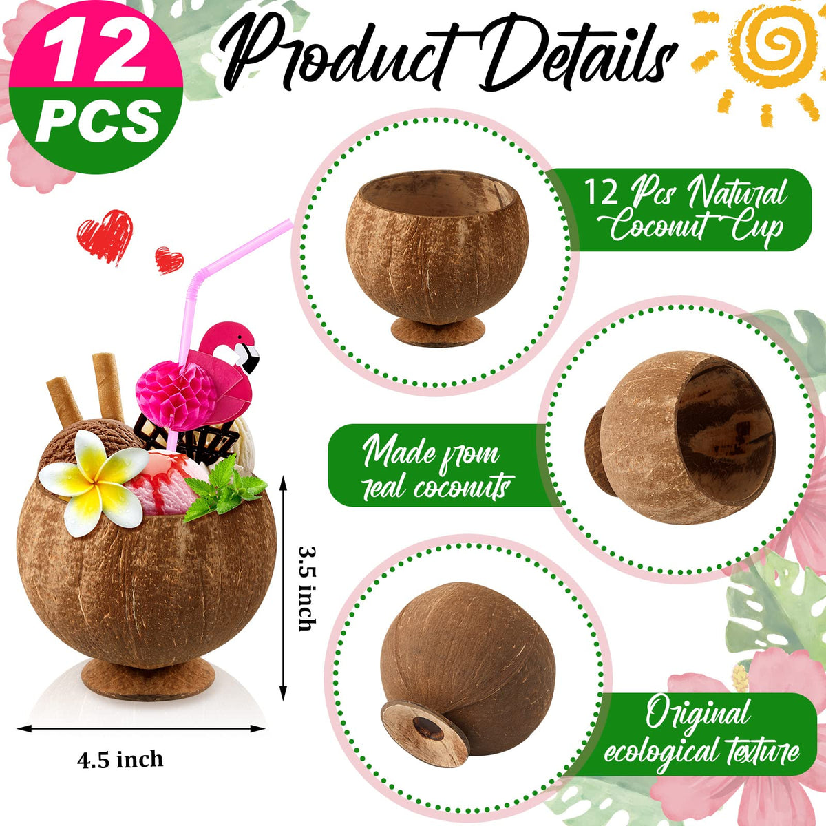 Taiyin Hawaiian Coconut Cups with Flamingo Straws for Luau Party