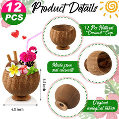 Taiyin Hawaiian Coconut Cups with Flamingo Straws for Luau Party