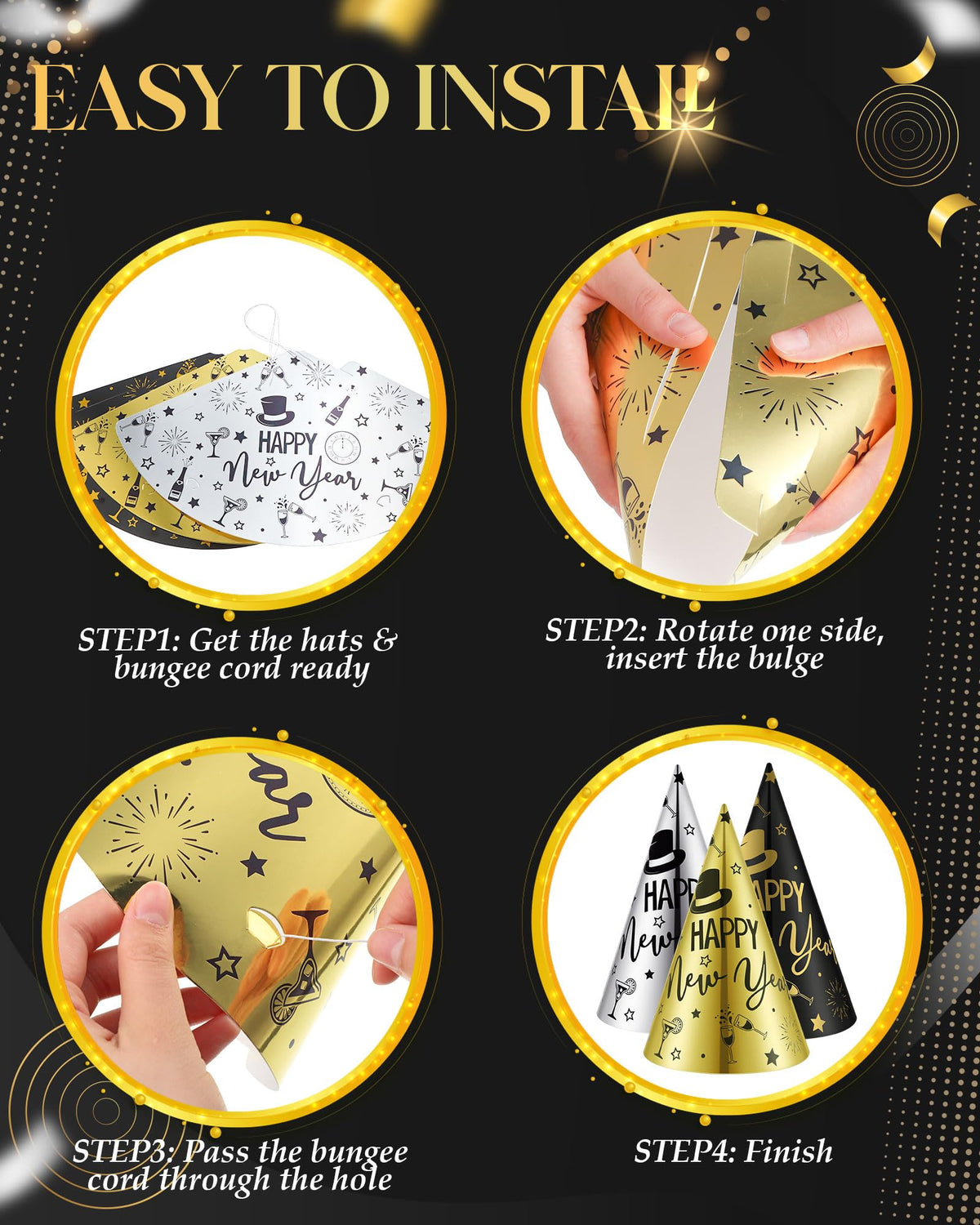 120-Piece New Year's Eve Party Supplies – Black, Gold & Silver Hats and Headbands