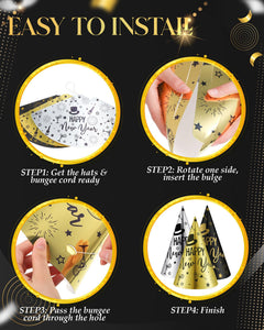 120-Piece New Year's Eve Party Supplies – Black, Gold & Silver Hats and Headbands