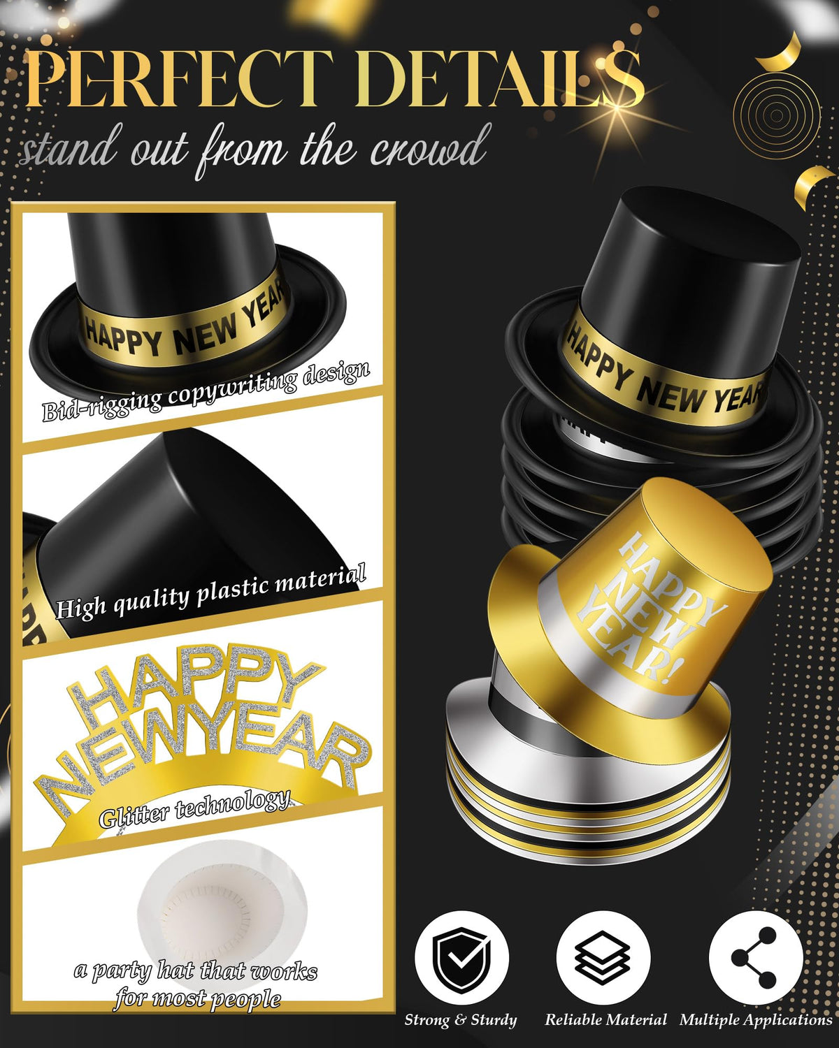 120-Piece New Year's Eve Party Supplies – Black, Gold & Silver Hats and Headbands