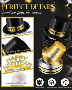 120-Piece New Year's Eve Party Supplies – Black, Gold & Silver Hats and Headbands