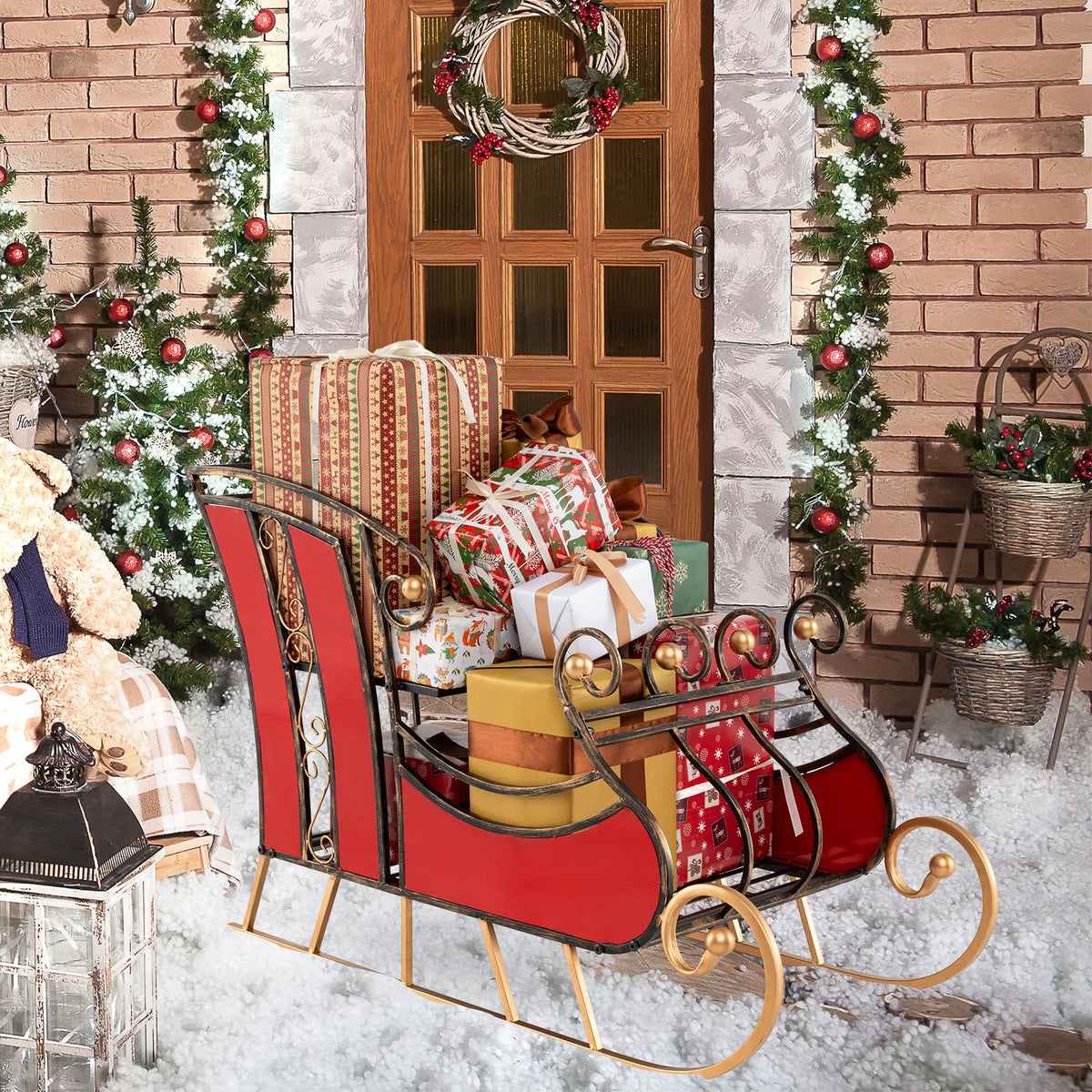Metal Santa Sleigh Decor – 2-Tier Storage Shelf & Christmas Display Prop
